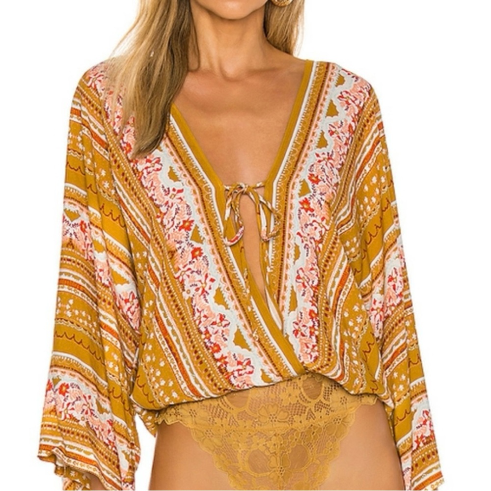 Intimately Free People Womens Yellow Patterned Blouse Bodysuit Size XS